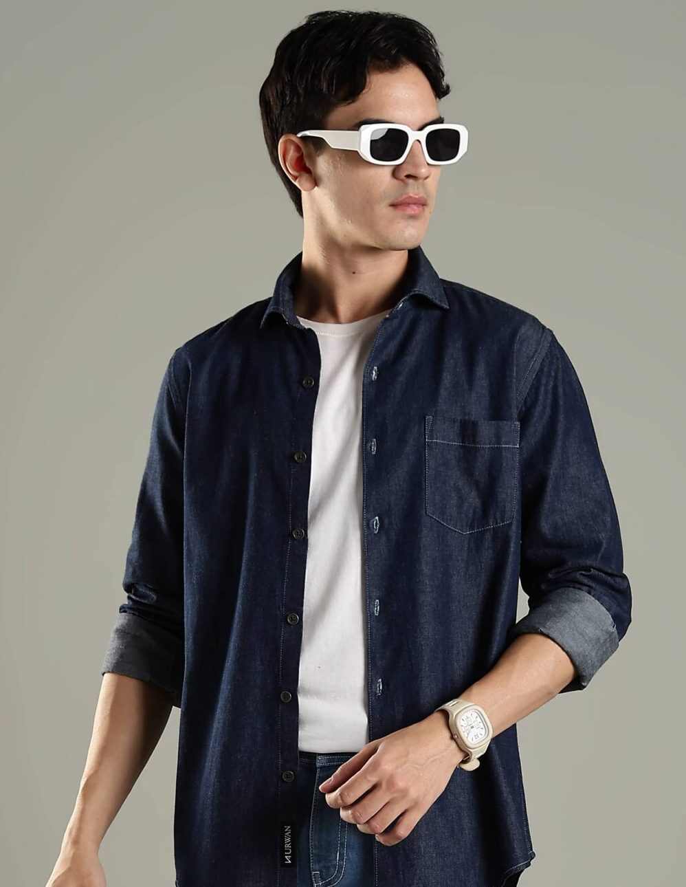 Men’s vintage dark blue denim casual shirt