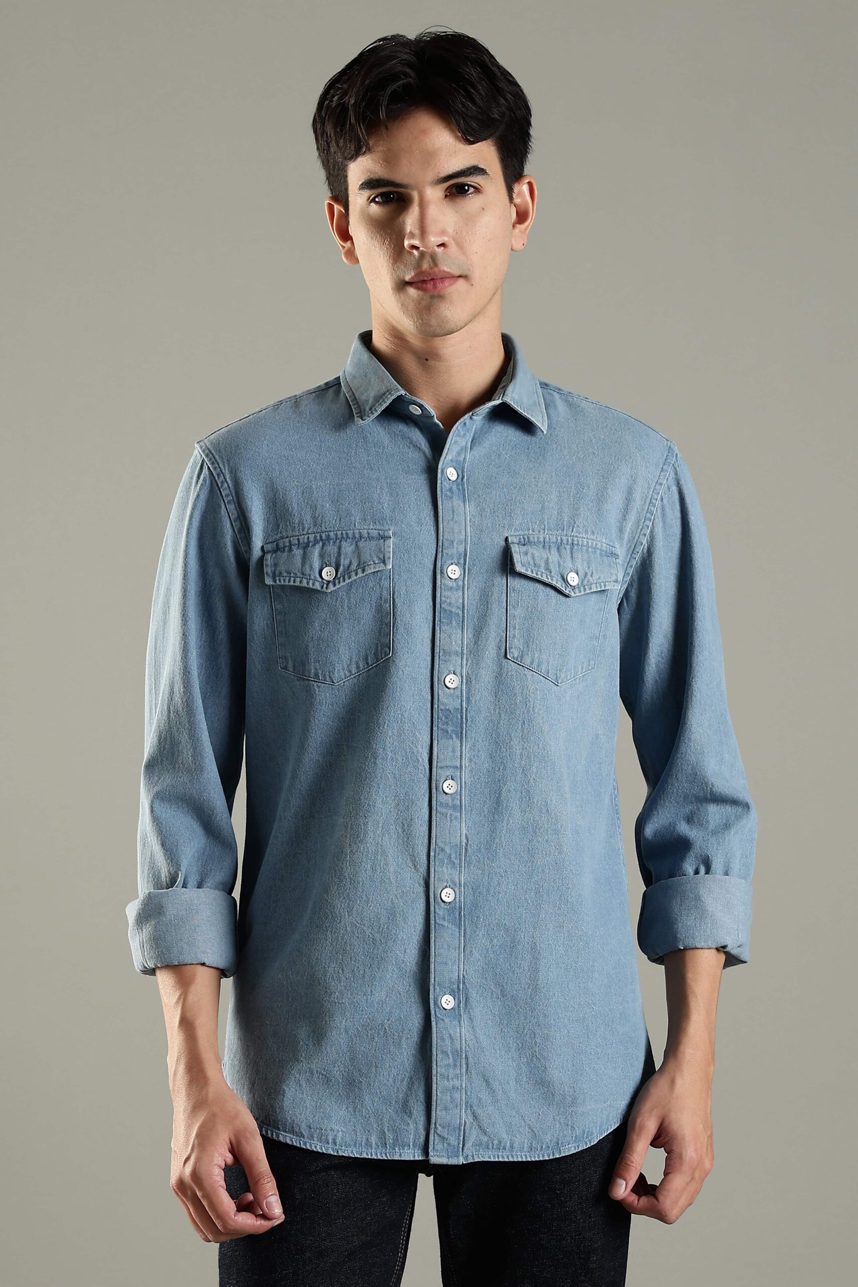 Men wearing ice blue denim shirt
