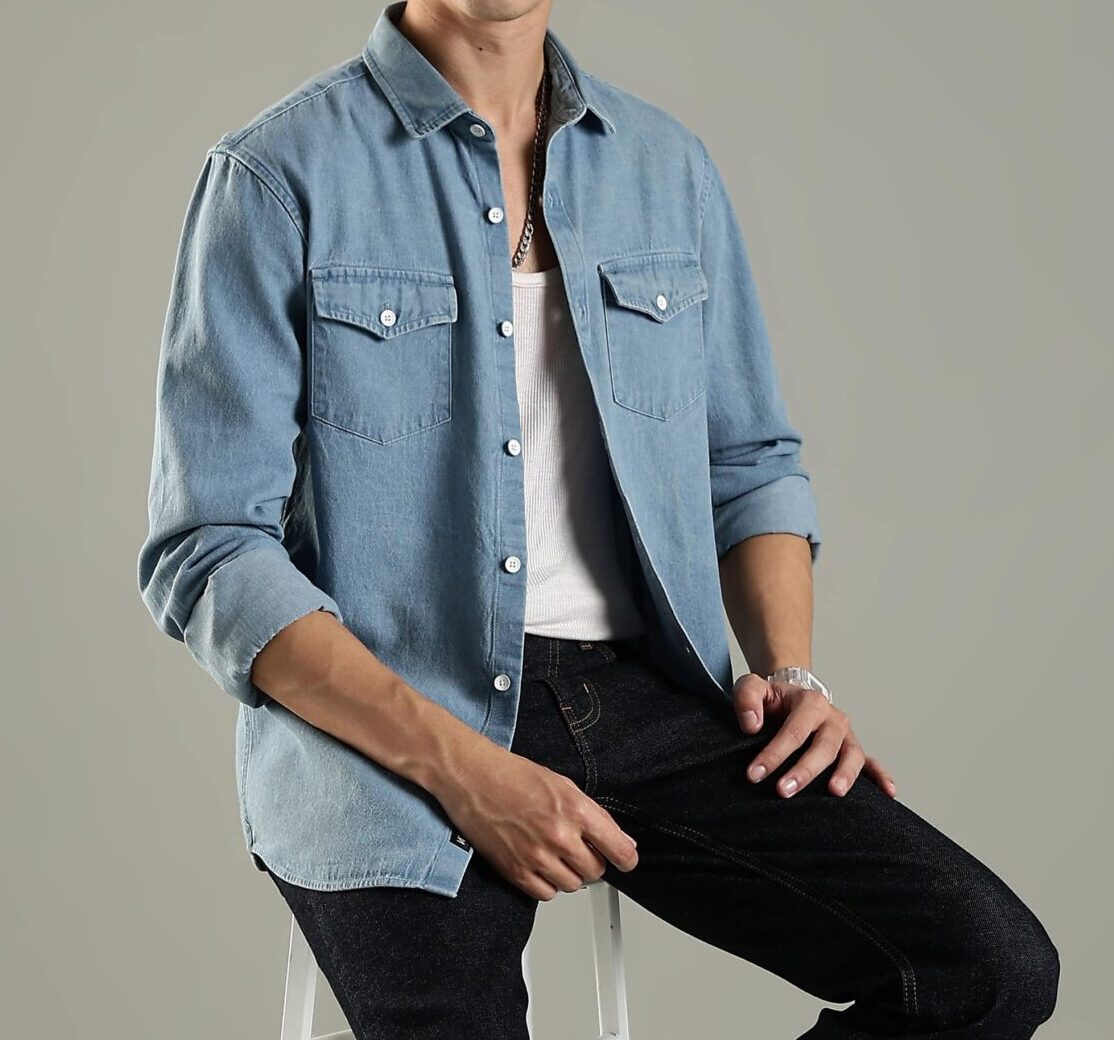 Vintage style ice blue denim shirt outfit