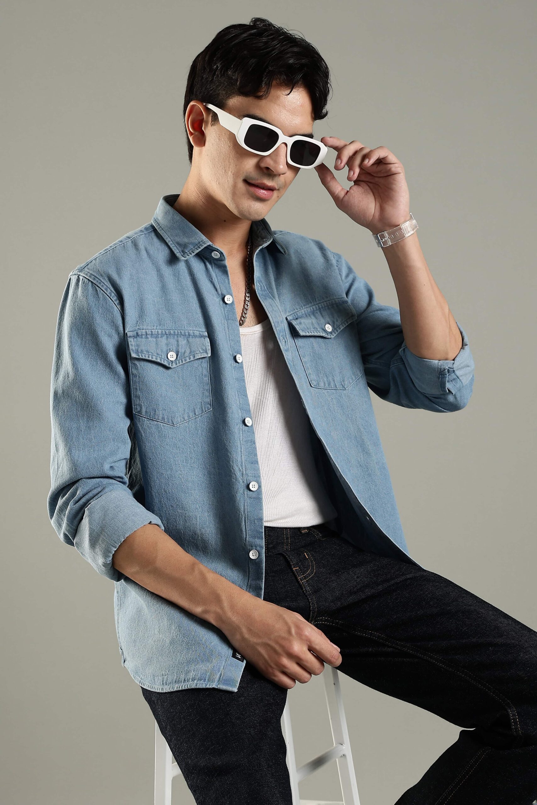 Premium ice blue denim shirt for men
