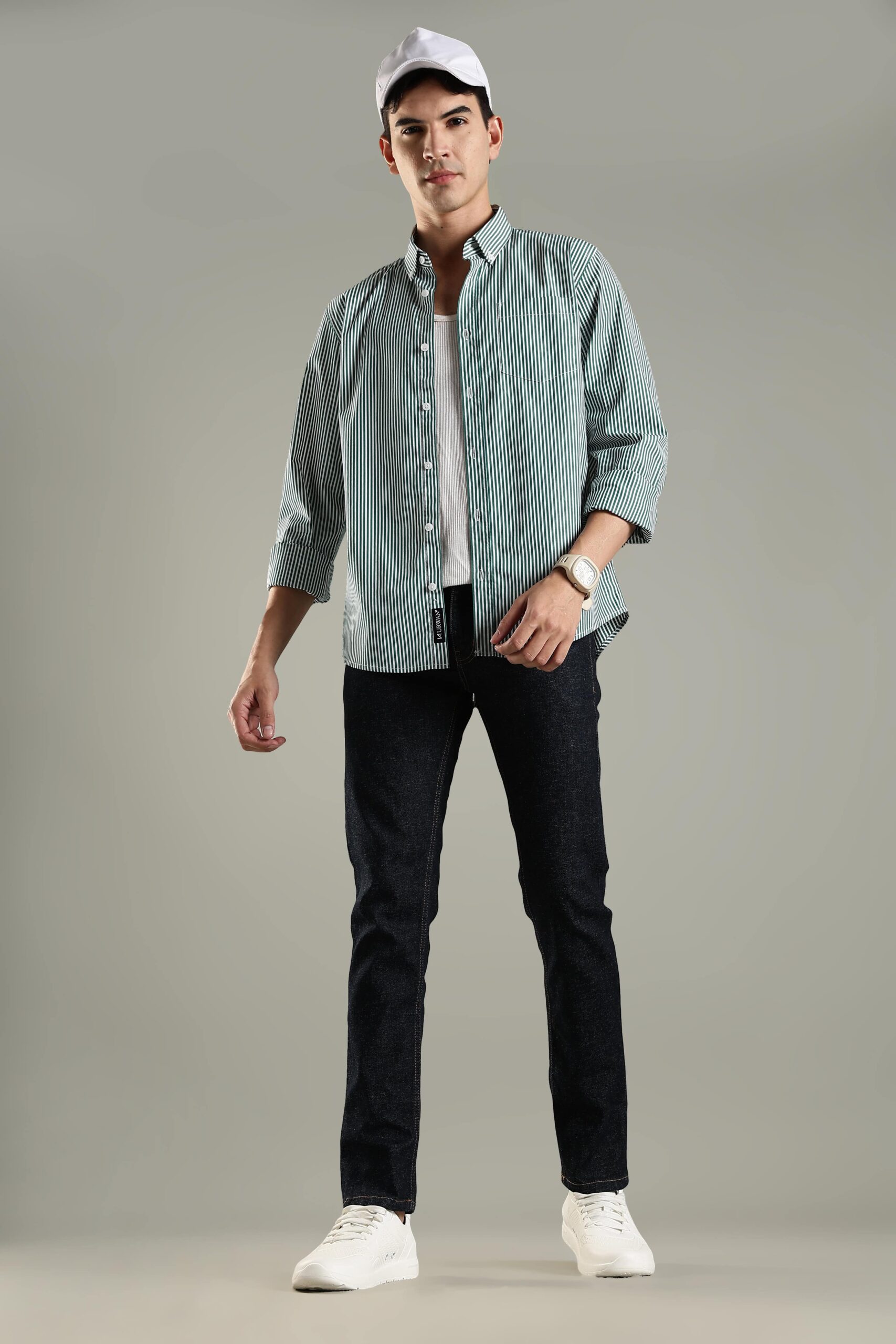 Men’s white and green striped casual shirt