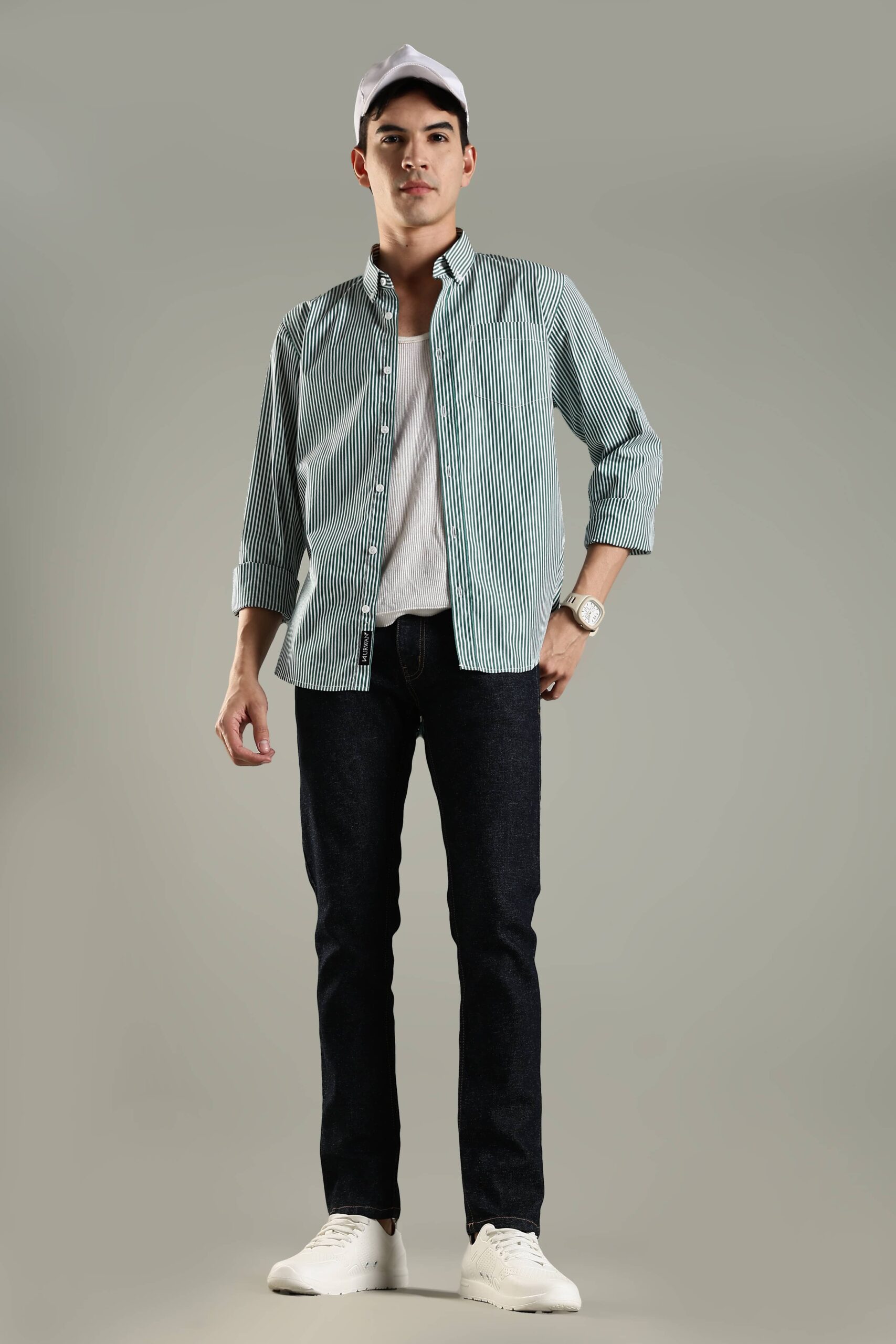 Earthy striped shirt white and green front view