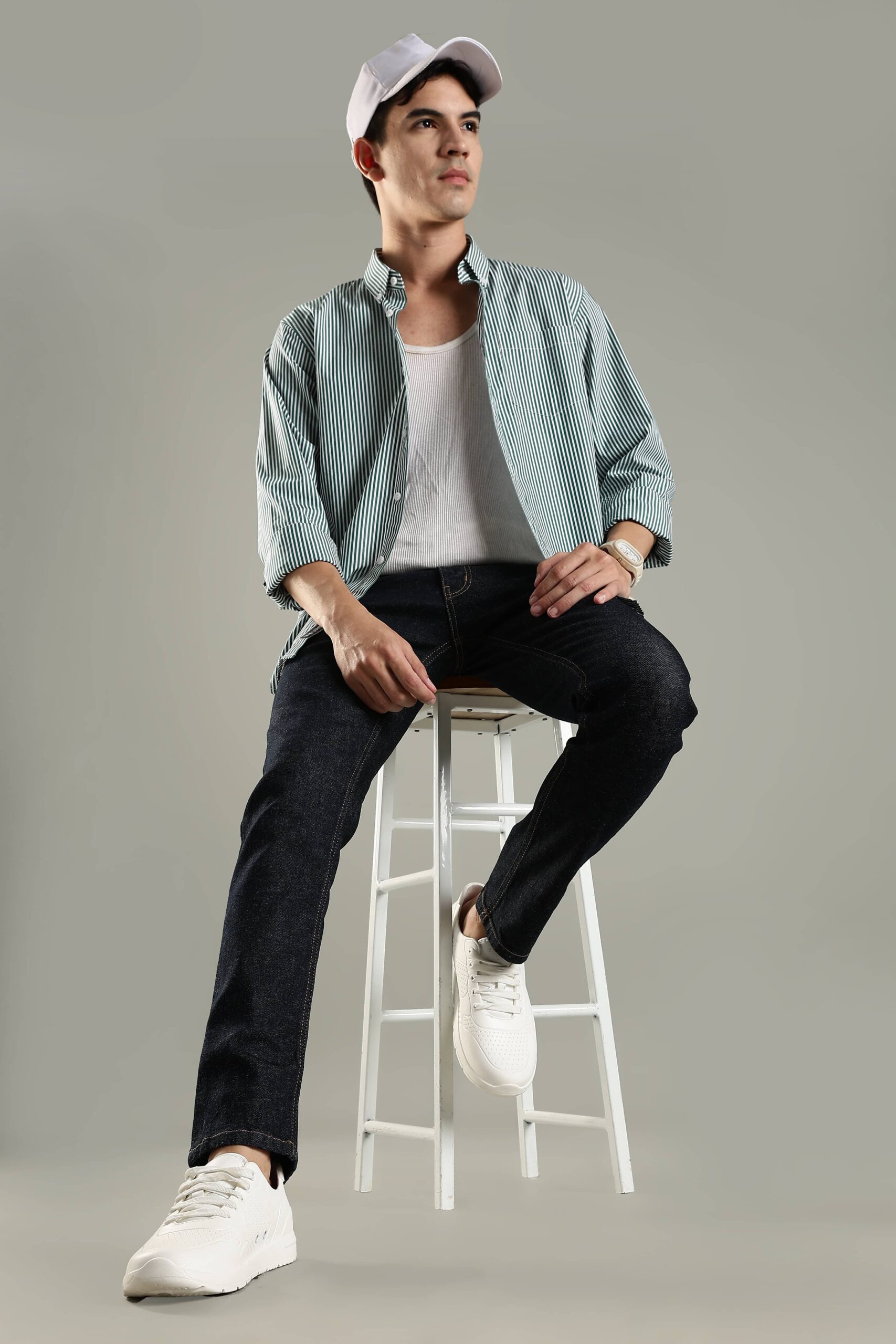 Stylish white and green striped shirt for men