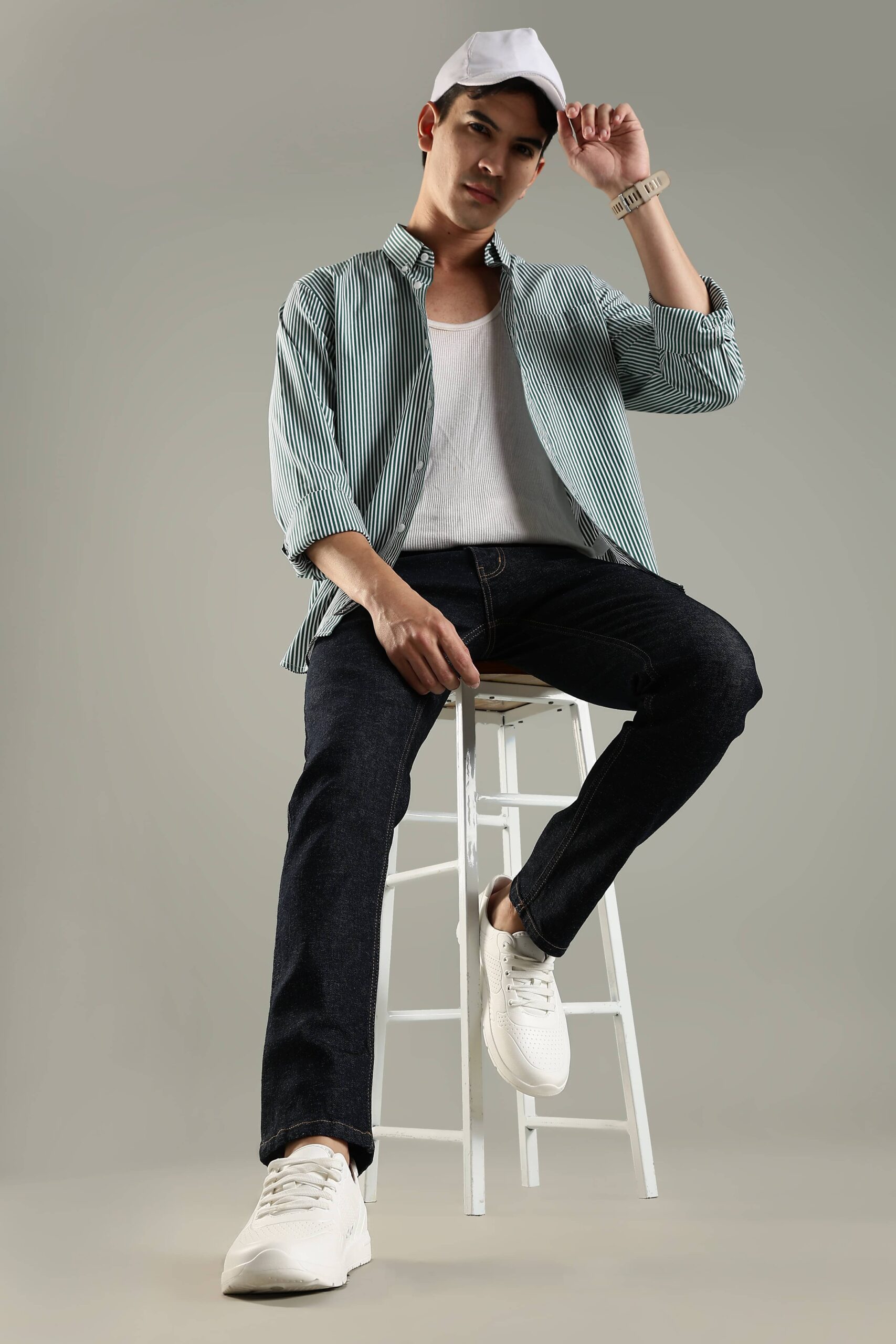 Earthy stripes white and green shirt for men